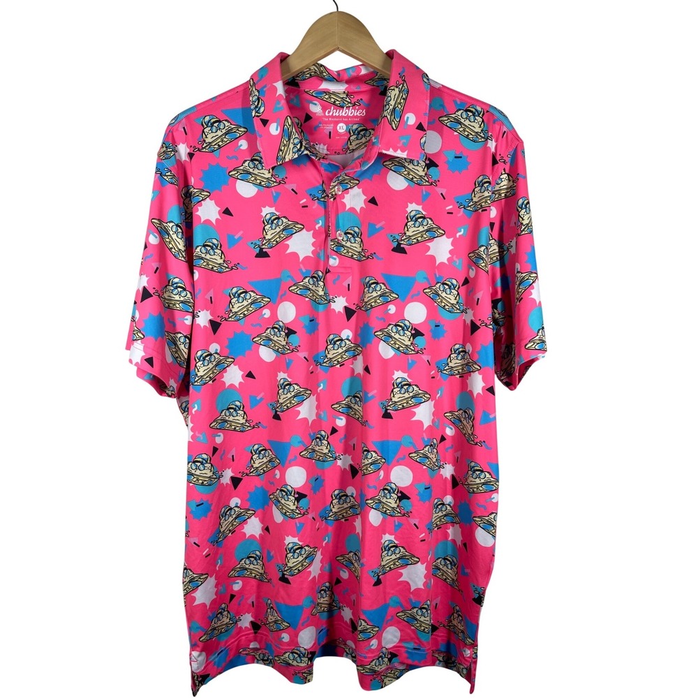 Chubbies Mens XL Pink Retro Graphic Performance Polo Shirt Short Sleeve Stretch